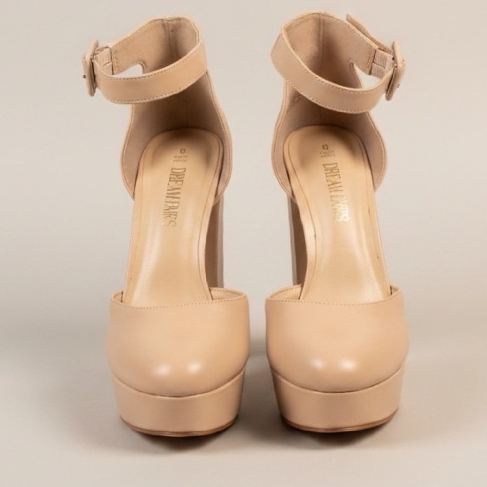 Nude Platform Block Heel Pumps Women's Size 8 Ankle Strap Party Heels
